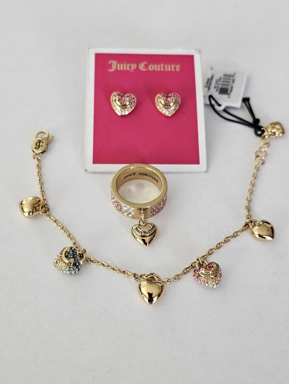 NWT Juicy Couture Gradient Pave Heart Charm Bracelet/Ring/Earring Set
